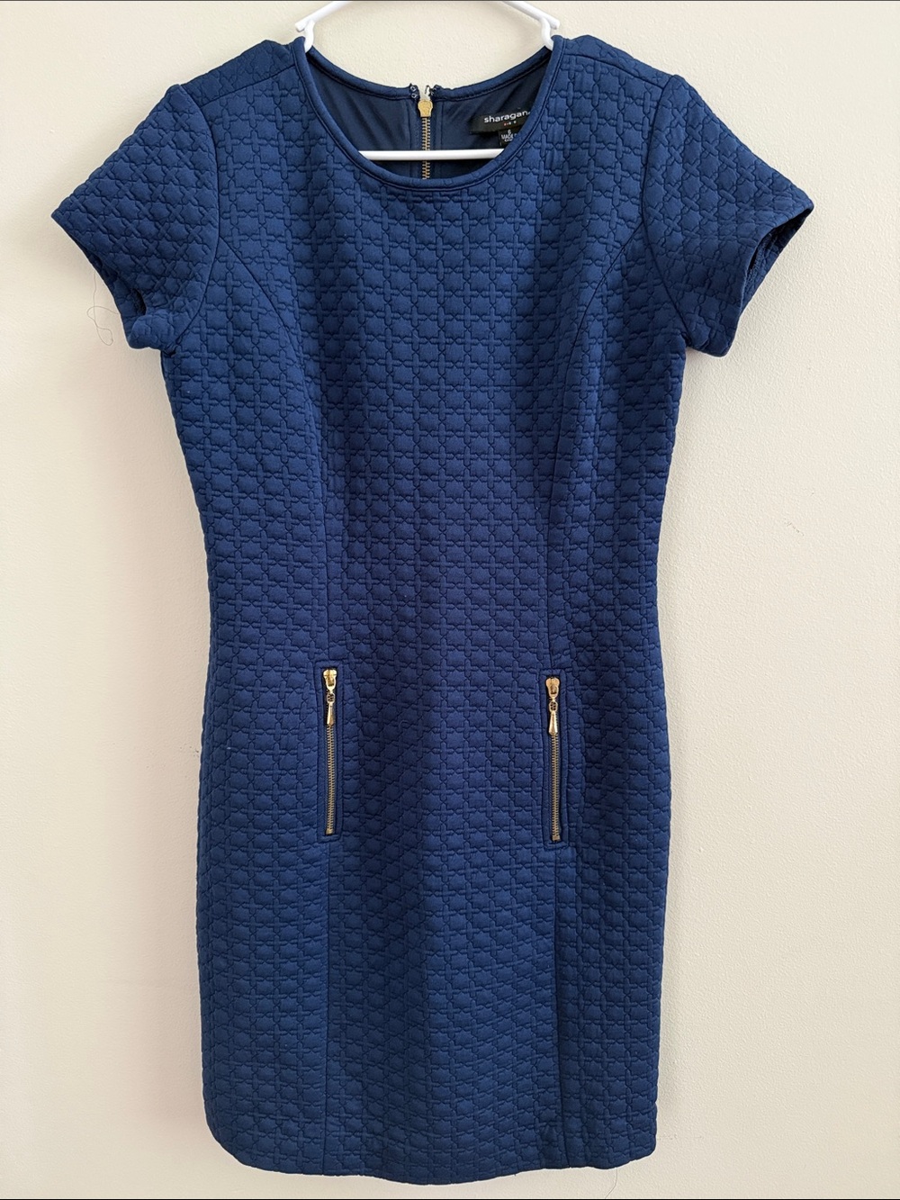 Sharagano Navy Quilted Short Sleeve Shift Dress with Gold Zipper Accents